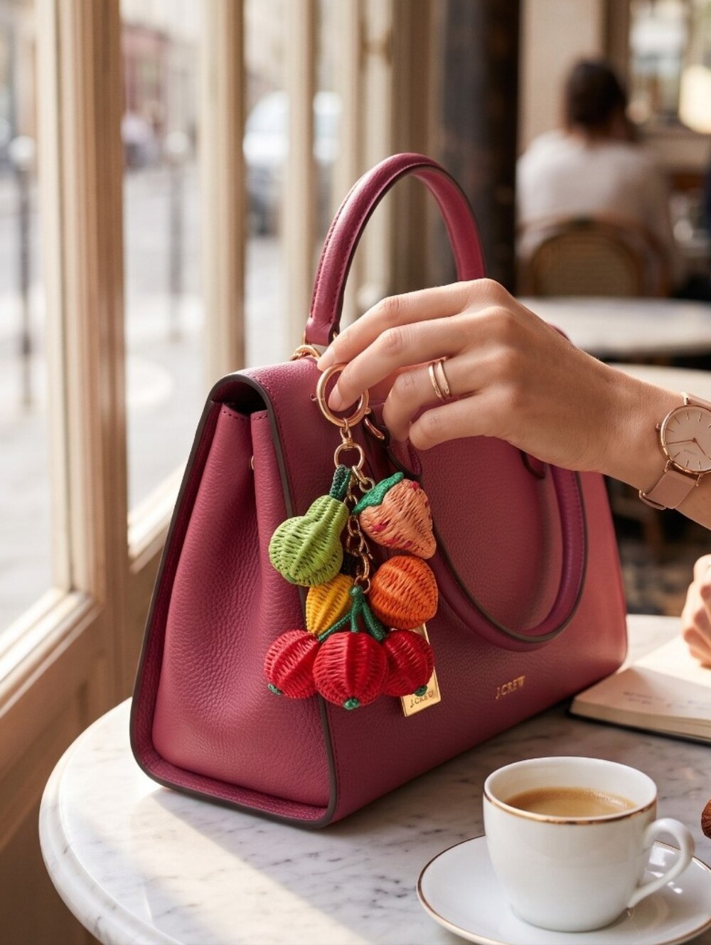 J.Crew Pebbled Top-Handle Satchel in Berry Pink with Fruit Charm 💥